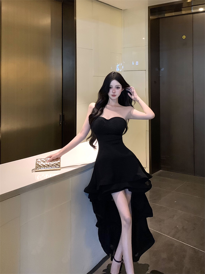 Fancy Strapless A-Line Black Maxi Dresses Sexy Ruffles Hi-Lo Hem Evening Long Dress AP3480