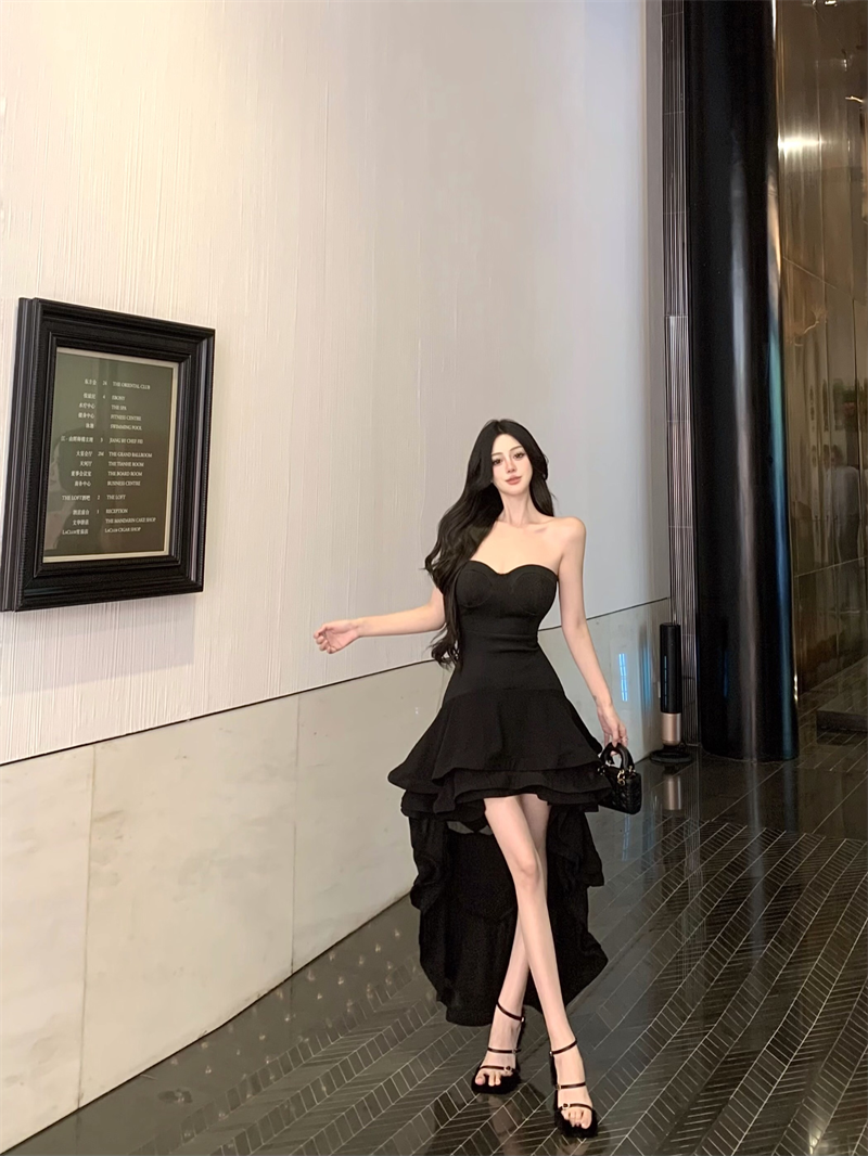 Fancy Strapless A-Line Black Maxi Dresses Sexy Ruffles Hi-Lo Hem Evening Long Dress AP3480