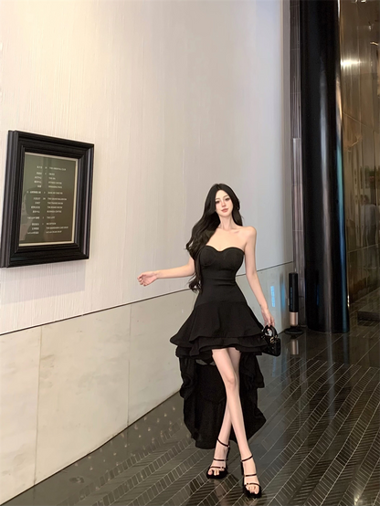 Fancy Strapless A-Line Black Maxi Dresses Sexy Ruffles Hi-Lo Hem Evening Long Dress AP3480