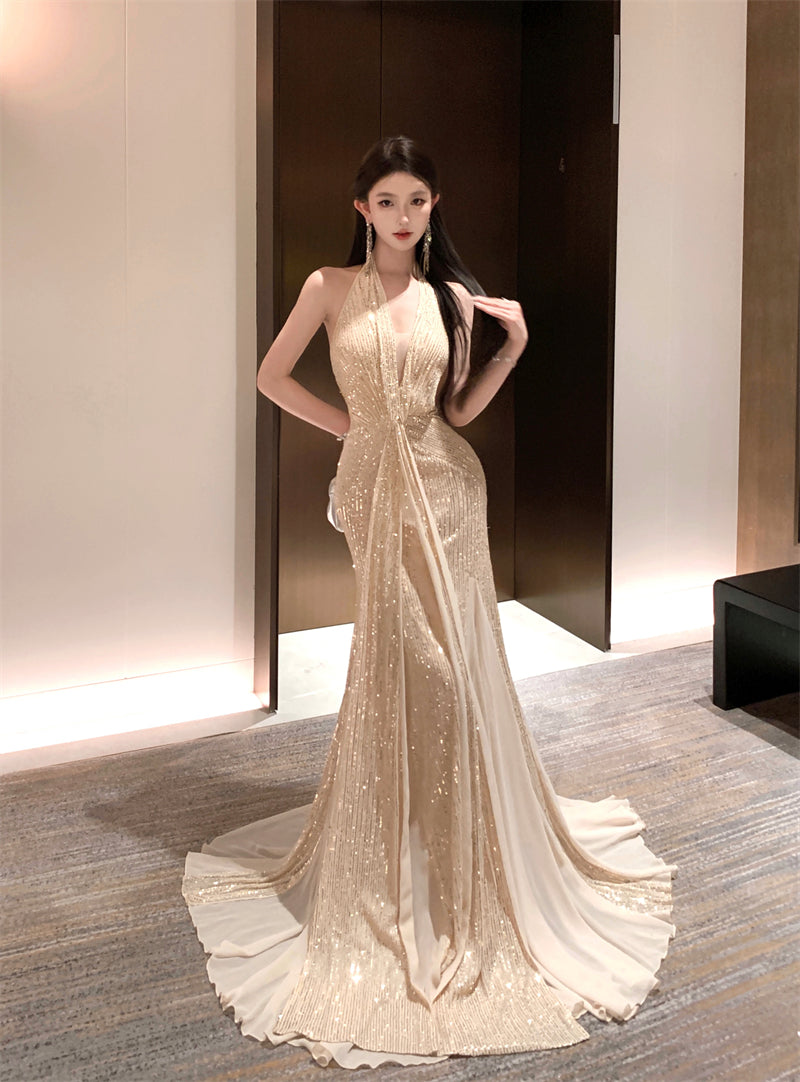 Maximalism Mermaid Tulle Splicing Maxi Dress Stunning Sequins Accent Deep V-Neck Evening Halter Long Dress AP3481