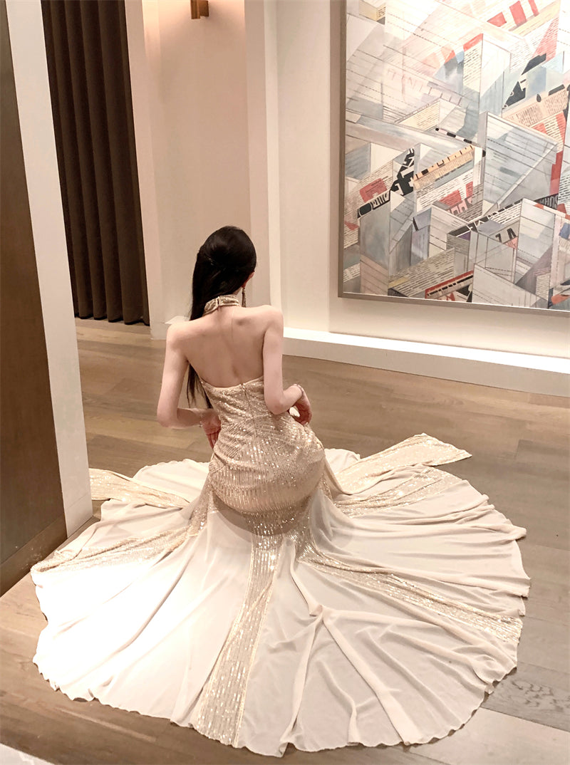 Maximalism Mermaid Tulle Splicing Maxi Dress Stunning Sequins Accent Deep V-Neck Evening Halter Long Dress AP3481