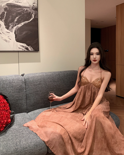 Delicate A-Line Backless Floral Print Maxi Dress Charming Sequins Design Flowy Halter Long Dress AP3482