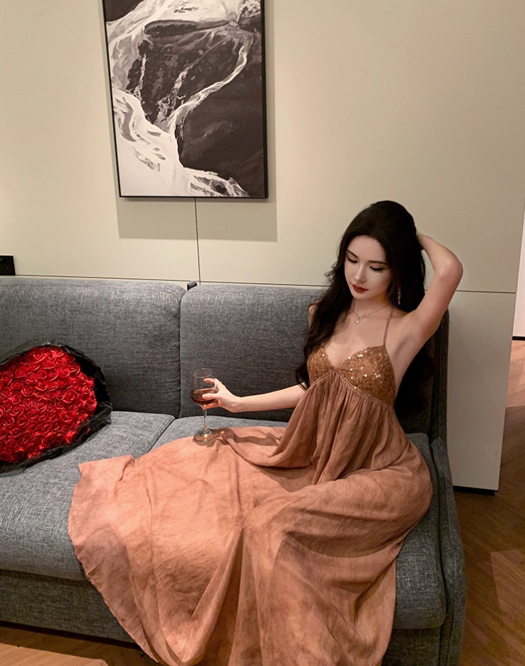 Delicate A-Line Backless Floral Print Maxi Dress Charming Sequins Design Flowy Halter Long Dress AP3482