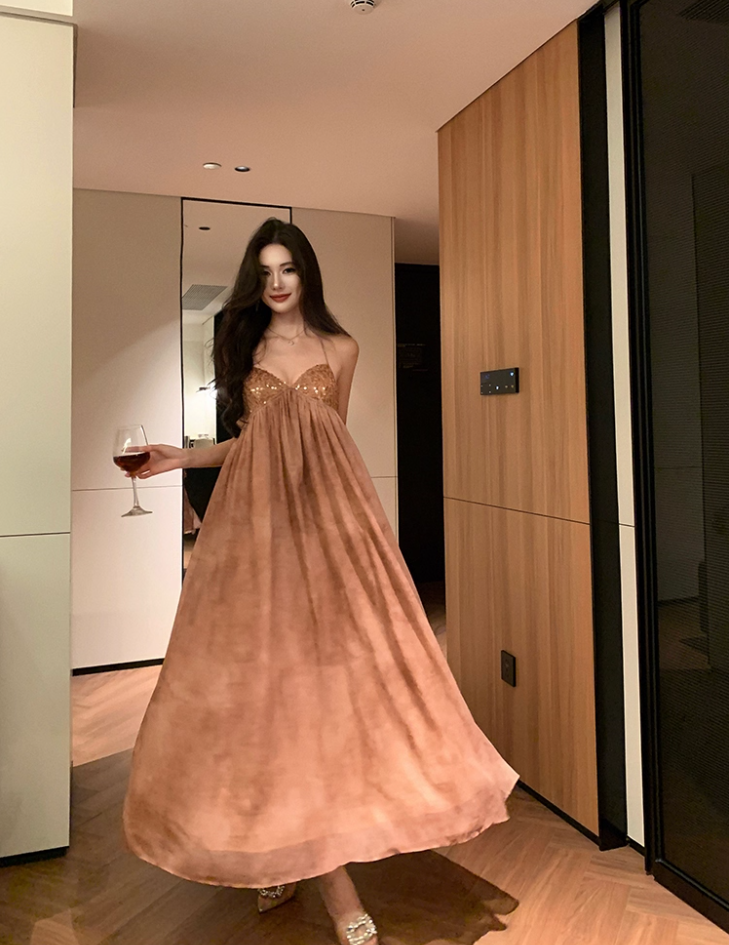 Delicate A-Line Backless Floral Print Maxi Dress Charming Sequins Design Flowy Halter Long Dress AP3482