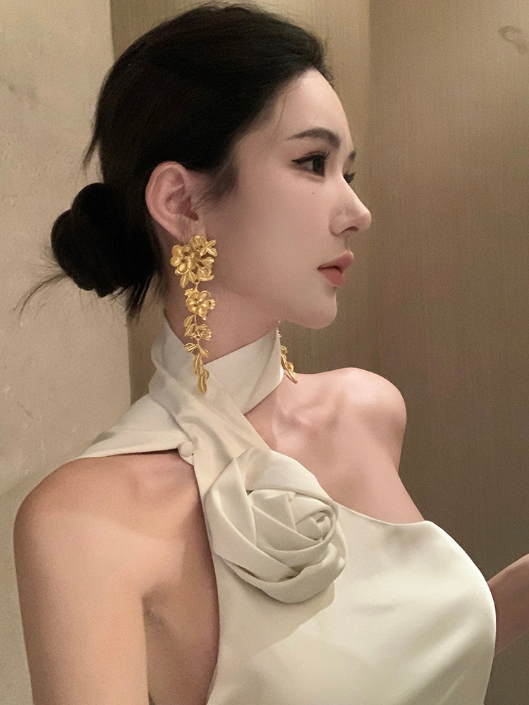 Pretty Mermaid White Sash Maxi Dress Elegant Formal Occasion Backless 3D Floral Design Halter Long Dress AP3483