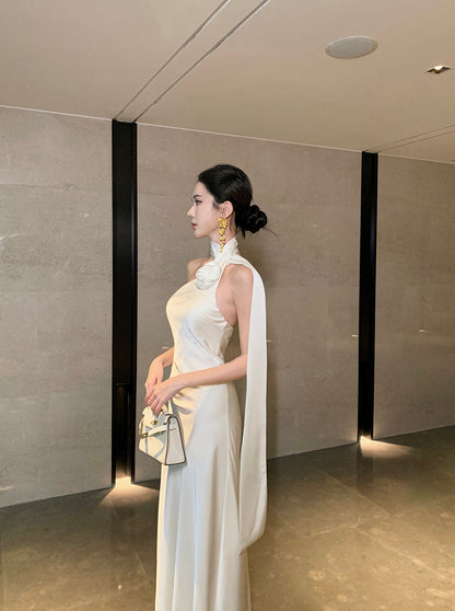 Pretty Mermaid White Sash Maxi Dress Elegant Formal Occasion Backless 3D Floral Design Halter Long Dress AP3483