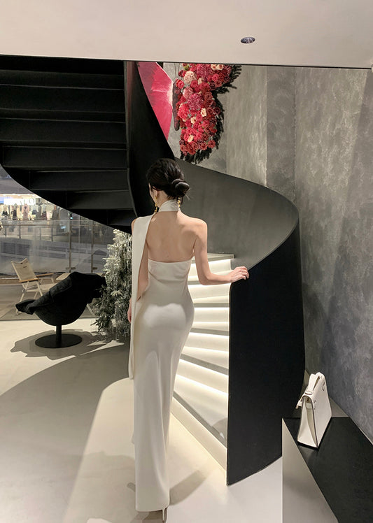 Pretty Mermaid White Sash Maxi Dress Elegant Formal Occasion Backless 3D Floral Design Halter Long Dress AP3483