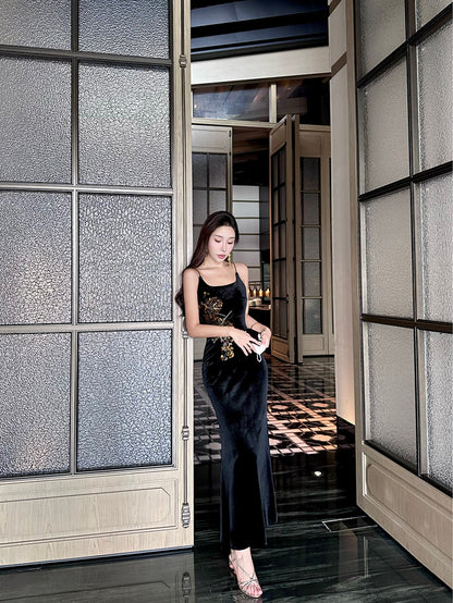 Princess Spaghetti Strap Black Mermaid Maxi Dress Sexy Velvet Sequins Accent Evening Long Dress AP3484