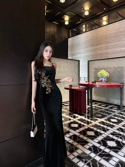 Princess Spaghetti Strap Black Mermaid Maxi Dress Sexy Velvet Sequins Accent Evening Long Dress AP3484