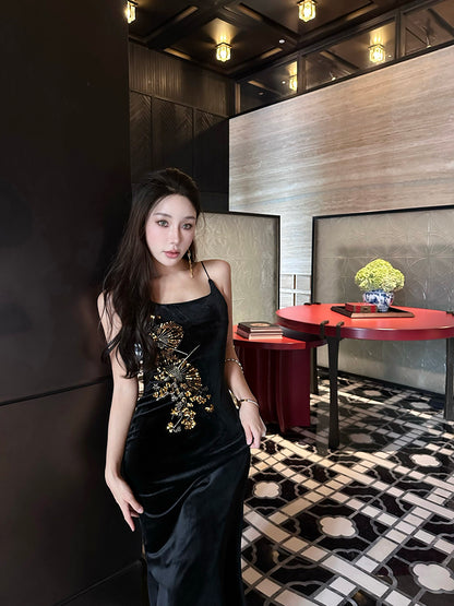 Princess Spaghetti Strap Black Mermaid Maxi Dress Sexy Velvet Sequins Accent Evening Long Dress AP3484