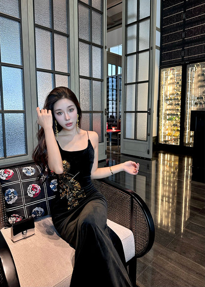 Princess Spaghetti Strap Black Mermaid Maxi Dress Sexy Velvet Sequins Accent Evening Long Dress AP3484
