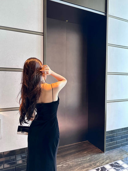 Princess Spaghetti Strap Black Mermaid Maxi Dress Sexy Velvet Sequins Accent Evening Long Dress AP3484