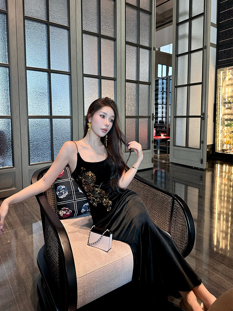 Princess Spaghetti Strap Black Mermaid Maxi Dress Sexy Velvet Sequins Accent Evening Long Dress AP3484