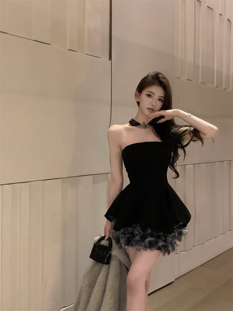 Glittering A-Line Strapless Minimalism Mini Skirt Hot Girls Black 3D Petal Design Cinched-Waist Short Dress AP3486