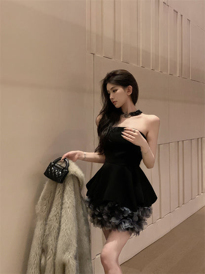 Glittering A-Line Strapless Minimalism Mini Skirt Hot Girls Black 3D Petal Design Cinched-Waist Short Dress AP3486