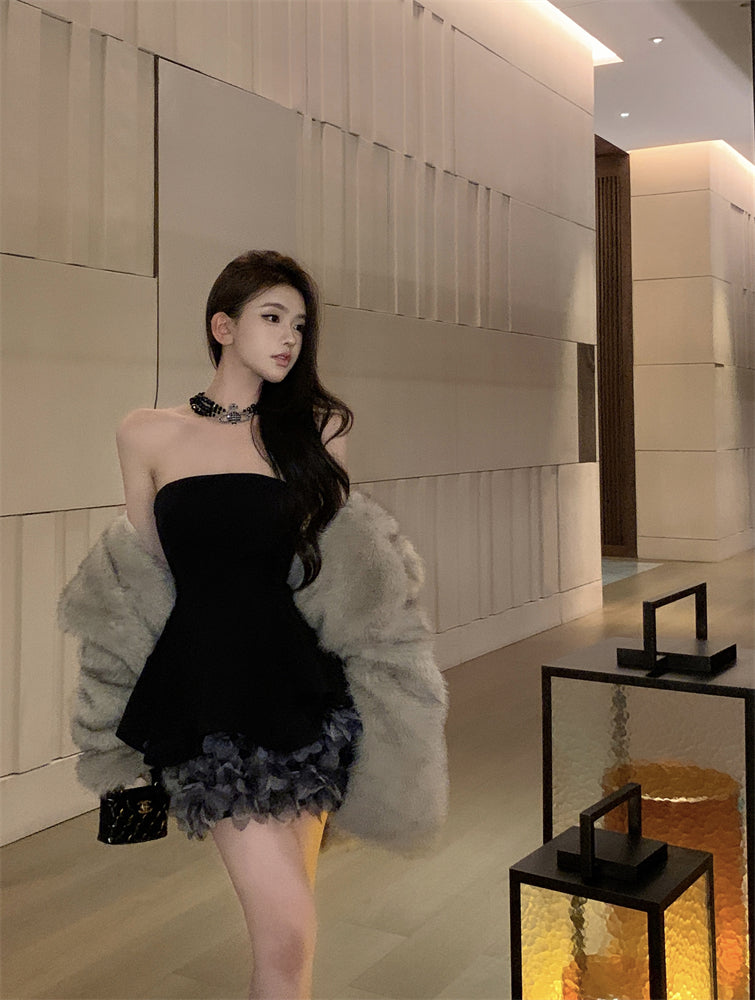 Glittering A-Line Strapless Minimalism Mini Skirt Hot Girls Black 3D Petal Design Cinched-Waist Short Dress AP3486