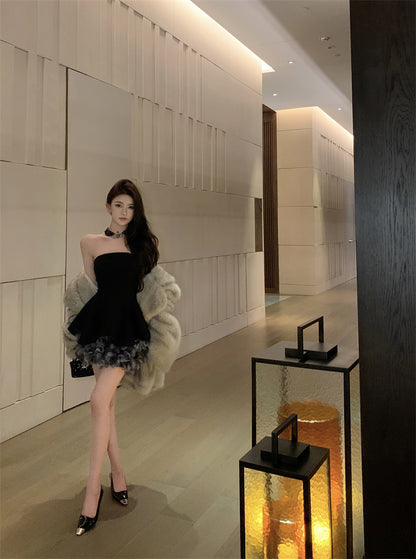 Glittering A-Line Strapless Minimalism Mini Skirt Hot Girls Black 3D Petal Design Cinched-Waist Short Dress AP3486