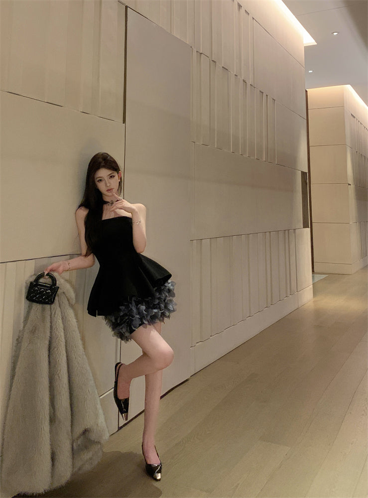 Glittering A-Line Strapless Minimalism Mini Skirt Hot Girls Black 3D Petal Design Cinched-Waist Short Dress AP3486