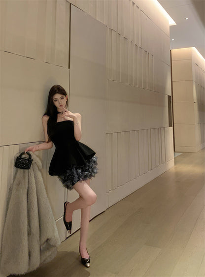 Glittering A-Line Strapless Minimalism Mini Skirt Hot Girls Black 3D Petal Design Cinched-Waist Short Dress AP3486