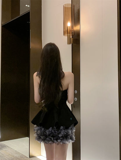 Glittering A-Line Strapless Minimalism Mini Skirt Hot Girls Black 3D Petal Design Cinched-Waist Short Dress AP3486