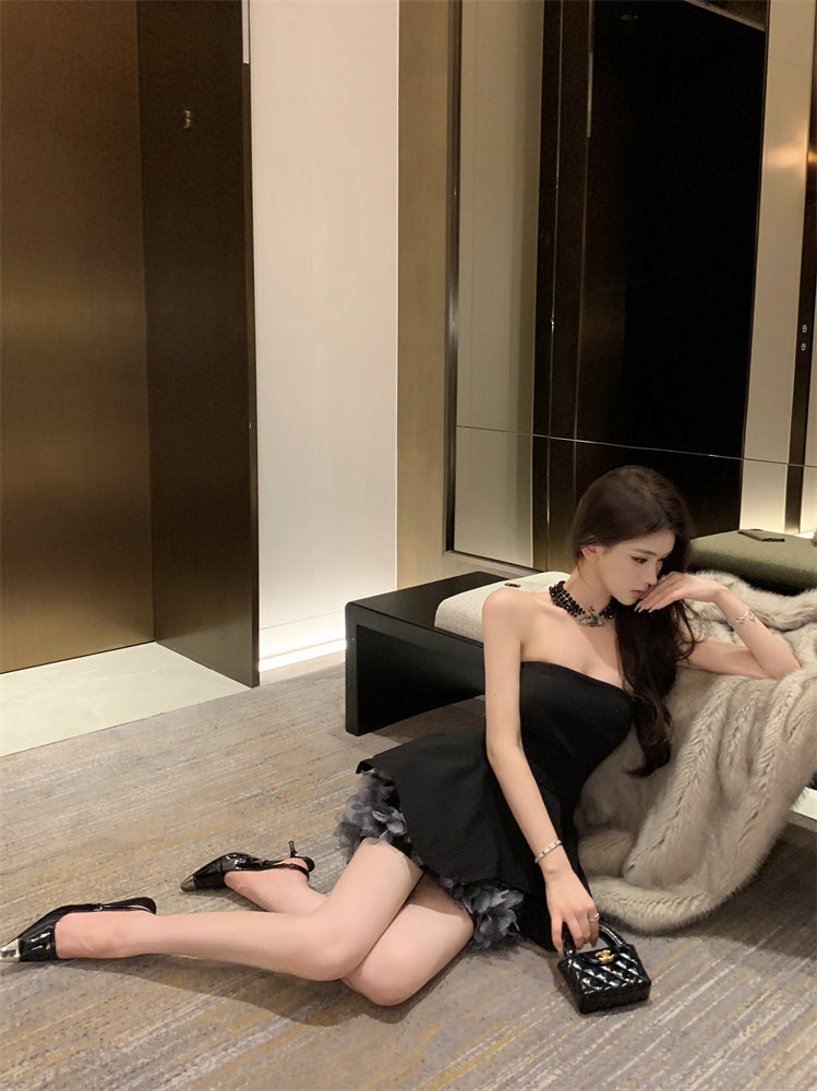 Glittering A-Line Strapless Minimalism Mini Skirt Hot Girls Black 3D Petal Design Cinched-Waist Short Dress AP3486