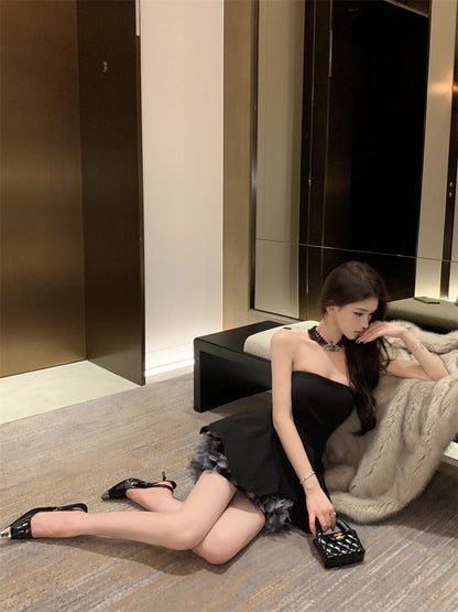 Glittering A-Line Strapless Minimalism Mini Skirt Hot Girls Black 3D Petal Design Cinched-Waist Short Dress AP3486