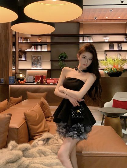 Glittering A-Line Strapless Minimalism Mini Skirt Hot Girls Black 3D Petal Design Cinched-Waist Short Dress AP3486