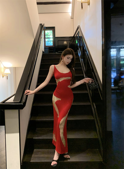 Sexy Spaghetti Strap Mermaid Red Maxi Dress  Hottie Backless Sequins Cutout Long Dress AP3488