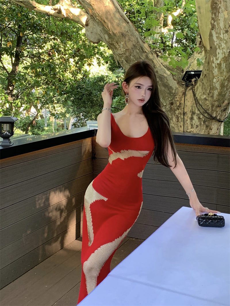 Sexy Spaghetti Strap Mermaid Red Maxi Dress  Hottie Backless Sequins Cutout Long Dress AP3488