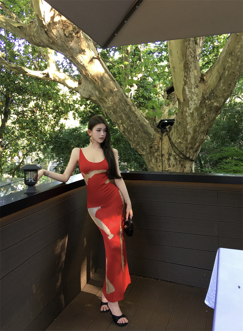 Sexy Spaghetti Strap Mermaid Red Maxi Dress  Hottie Backless Sequins Cutout Long Dress AP3488