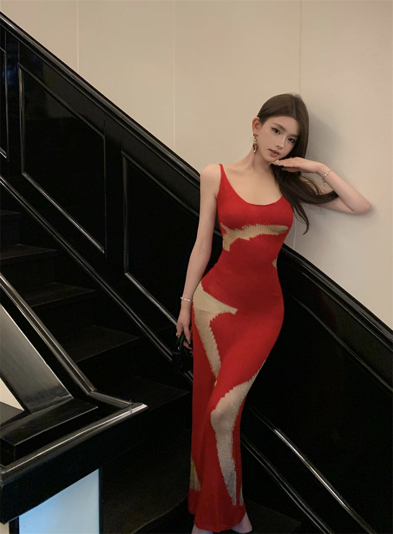 Sexy Spaghetti Strap Mermaid Red Maxi Dress  Hottie Backless Sequins Cutout Long Dress AP3488