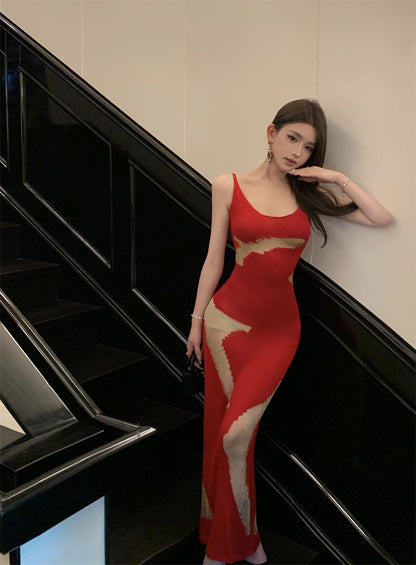 Sexy Spaghetti Strap Mermaid Red Maxi Dress  Hottie Backless Sequins Cutout Long Dress AP3488