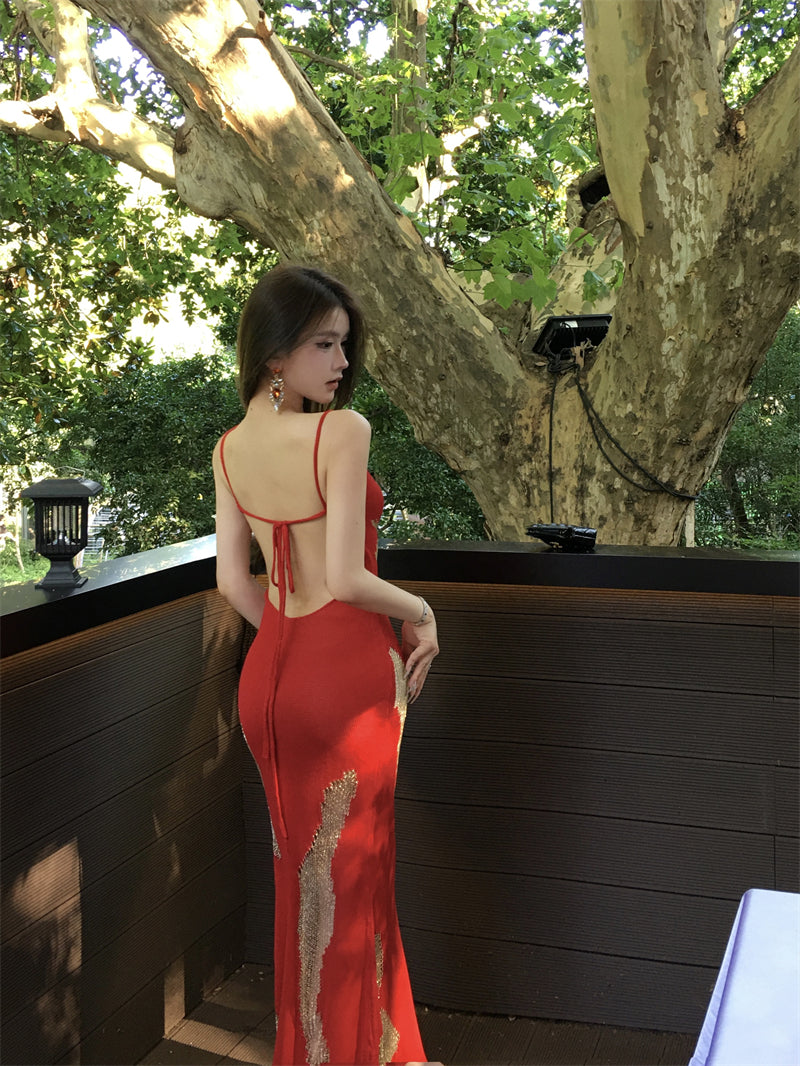 Sexy Spaghetti Strap Mermaid Red Maxi Dress  Hottie Backless Sequins Cutout Long Dress AP3488