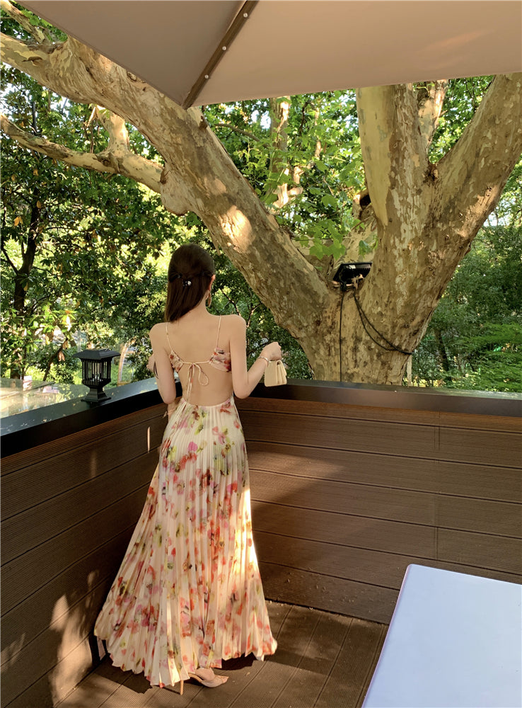 Attractive Spaghetti Strap A-Line Print Maxi Dress Romantic Pressed Pleat Cutout Tie-Back Long Dress AP3489