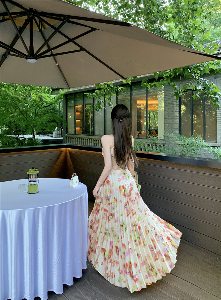 Attractive Spaghetti Strap A-Line Print Maxi Dress Romantic Pressed Pleat Cutout Tie-Back Long Dress AP3489