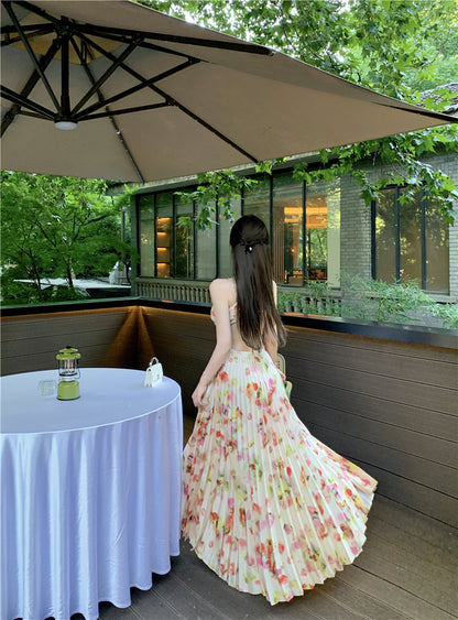 Attractive Spaghetti Strap A-Line Print Maxi Dress Romantic Pressed Pleat Cutout Tie-Back Long Dress AP3489