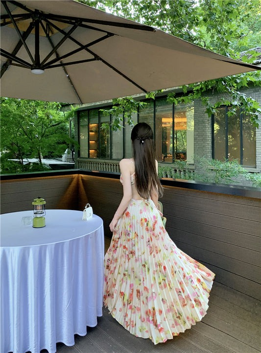 Attractive Spaghetti Strap A-Line Print Maxi Dress Romantic Pressed Pleat Cutout Tie-Back Long Dress AP3489