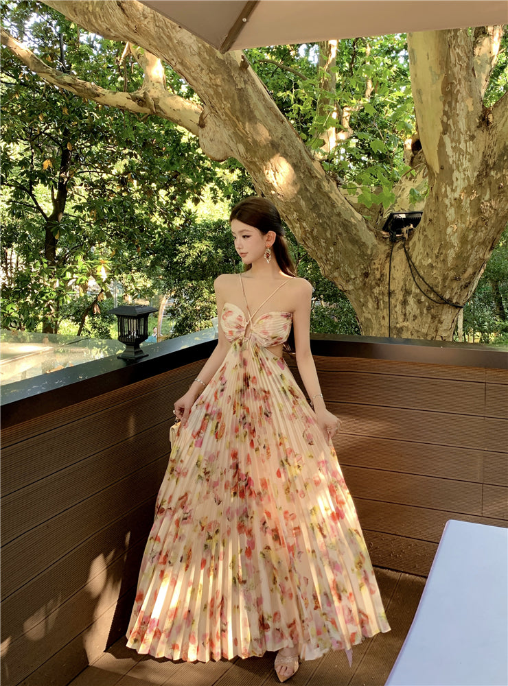 Attractive Spaghetti Strap A-Line Print Maxi Dress Romantic Pressed Pleat Cutout Tie-Back Long Dress AP3489