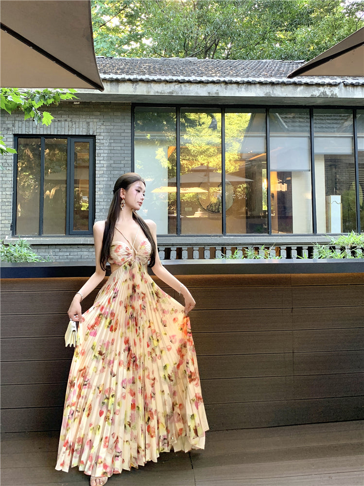 Attractive Spaghetti Strap A-Line Print Maxi Dress Romantic Pressed Pleat Cutout Tie-Back Long Dress AP3489