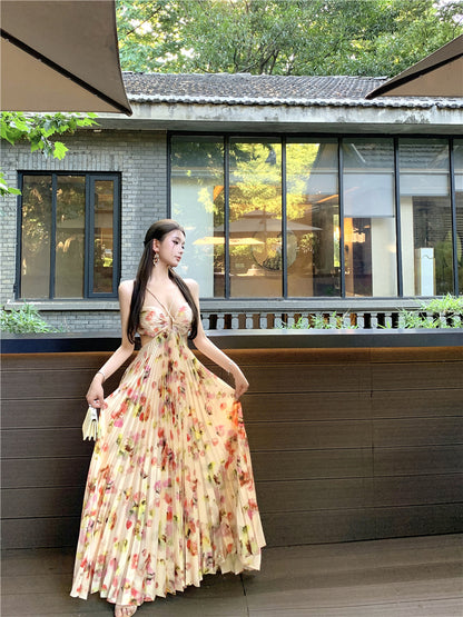 Attractive Spaghetti Strap A-Line Print Maxi Dress Romantic Pressed Pleat Cutout Tie-Back Long Dress AP3489
