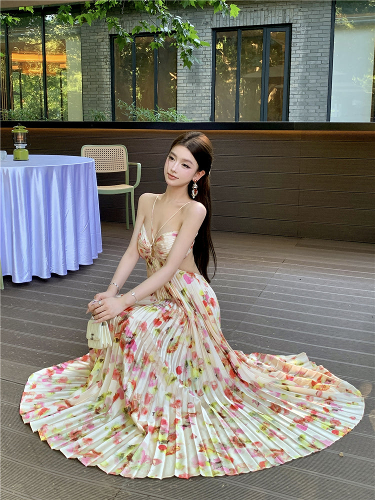 Attractive Spaghetti Strap A-Line Print Maxi Dress Romantic Pressed Pleat Cutout Tie-Back Long Dress AP3489