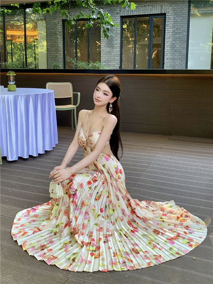 Attractive Spaghetti Strap A-Line Print Maxi Dress Romantic Pressed Pleat Cutout Tie-Back Long Dress AP3489