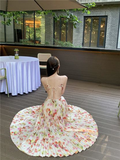 Attractive Spaghetti Strap A-Line Print Maxi Dress Romantic Pressed Pleat Cutout Tie-Back Long Dress AP3489