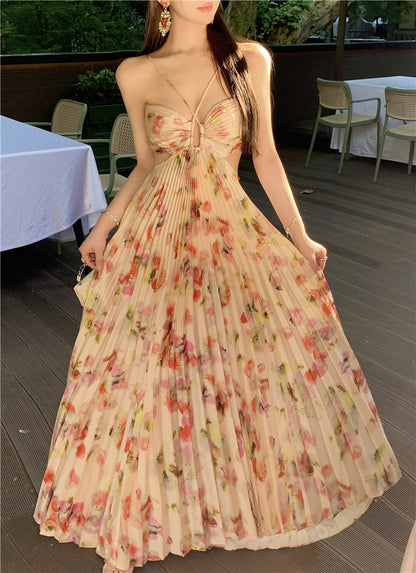 Attractive Spaghetti Strap A-Line Print Maxi Dress Romantic Pressed Pleat Cutout Tie-Back Long Dress AP3489