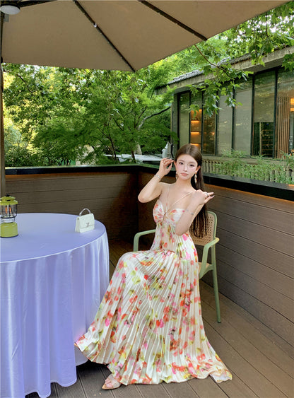 Attractive Spaghetti Strap A-Line Print Maxi Dress Romantic Pressed Pleat Cutout Tie-Back Long Dress AP3489