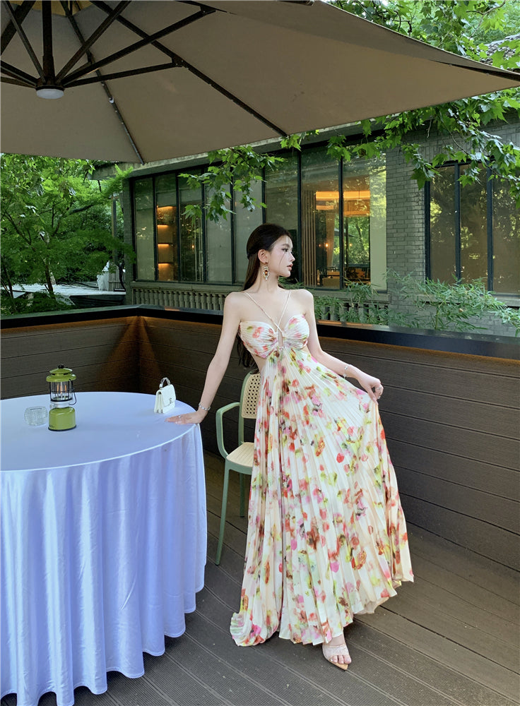 Attractive Spaghetti Strap A-Line Print Maxi Dress Romantic Pressed Pleat Cutout Tie-Back Long Dress AP3489