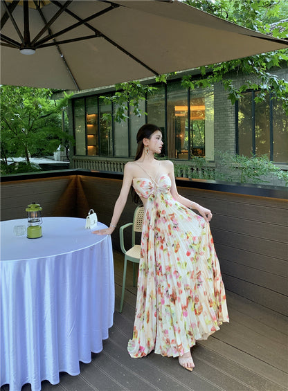 Attractive Spaghetti Strap A-Line Print Maxi Dress Romantic Pressed Pleat Cutout Tie-Back Long Dress AP3489