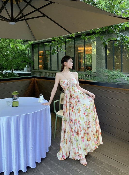Attractive Spaghetti Strap A-Line Print Maxi Dress Romantic Pressed Pleat Cutout Tie-Back Long Dress AP3489