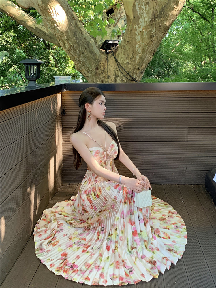 Attractive Spaghetti Strap A-Line Print Maxi Dress Romantic Pressed Pleat Cutout Tie-Back Long Dress AP3489