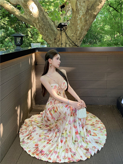 Attractive Spaghetti Strap A-Line Print Maxi Dress Romantic Pressed Pleat Cutout Tie-Back Long Dress AP3489